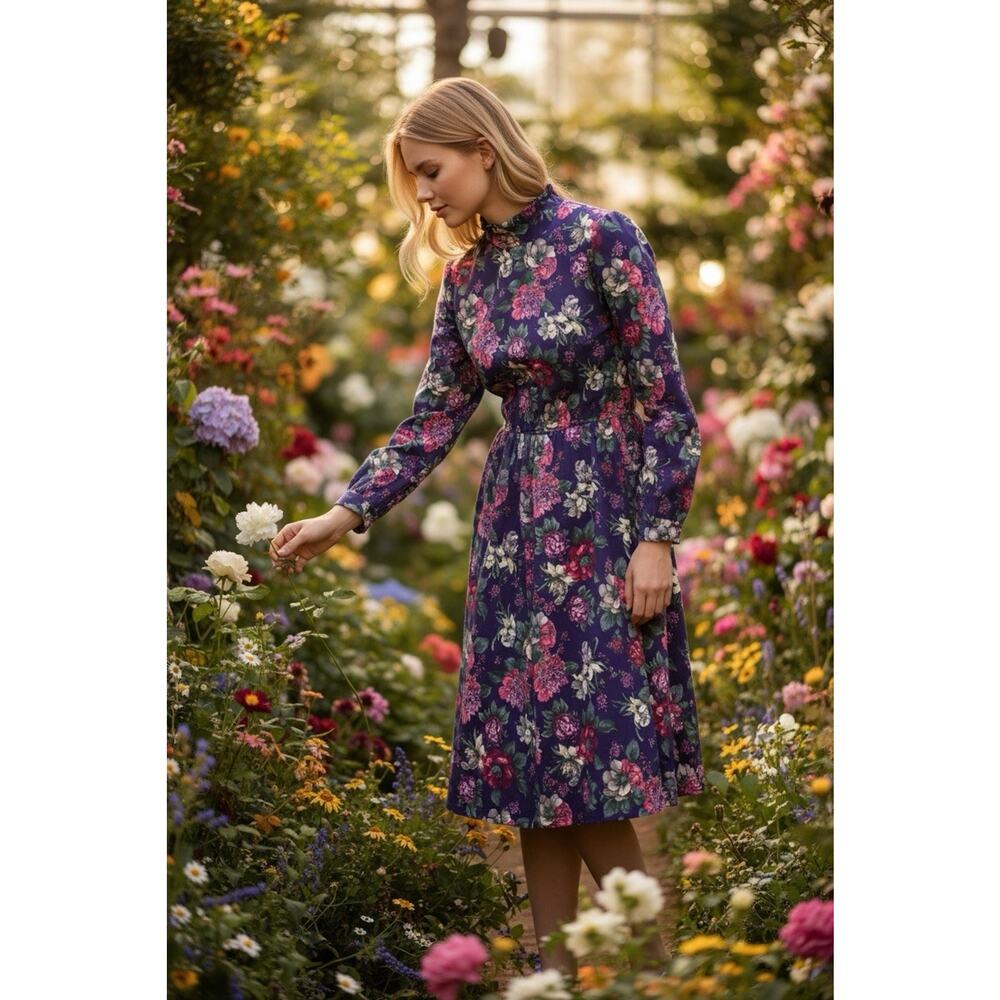 Vintage Stuart Alam Petites 12 Purple Floral All Over Prints Long Sleeve Dress